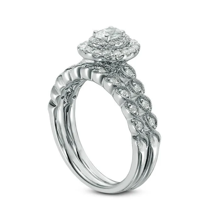 Rings 075 CT TW Oval Natural Diamond Double Frame Twist Antique VintageStyle Bridal Engagement Ring Set in Solid 14K White Gold Goldia Rings 075 CT TW Oval Natural Diamond Double Frame Twist Antique VintageStyle Bridal Engagement Ring Set in Solid 14K White Gold Goldia