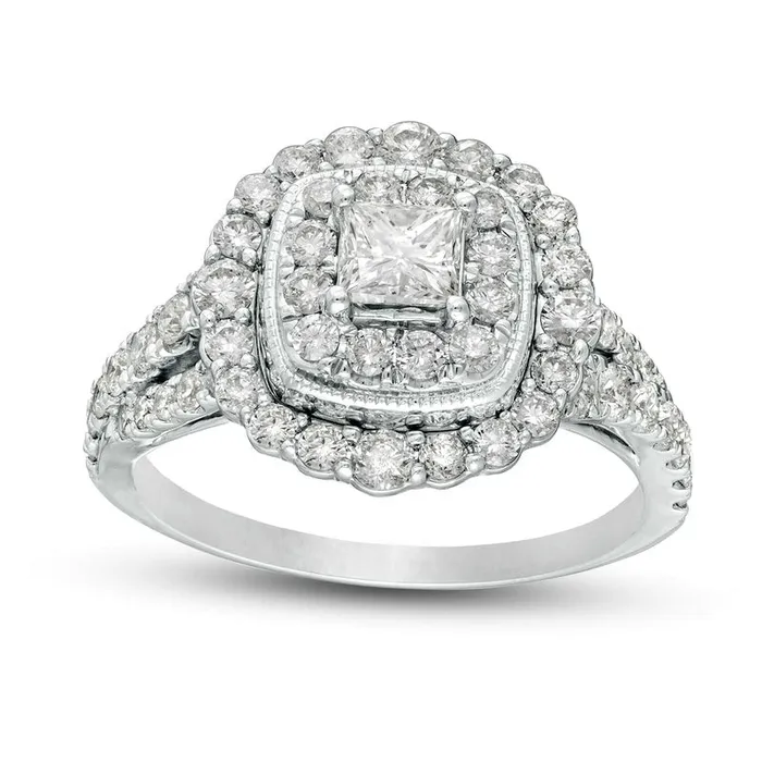 Rings 15 CT TW PrincessCut Natural Diamond Scallop Frame Antique VintageStyle Engagement Ring in Solid 14K White Gold Goldia