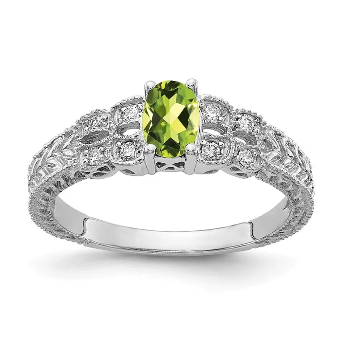 Rings 14k White Gold 6x4mm Oval Peridot Checker VS Diamond ring Goldia