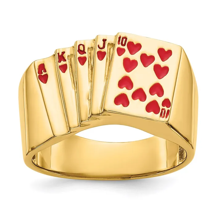 Rings 14K Yellow Gold Enameled Royal Flush in Hearts Mens Ring Goldia