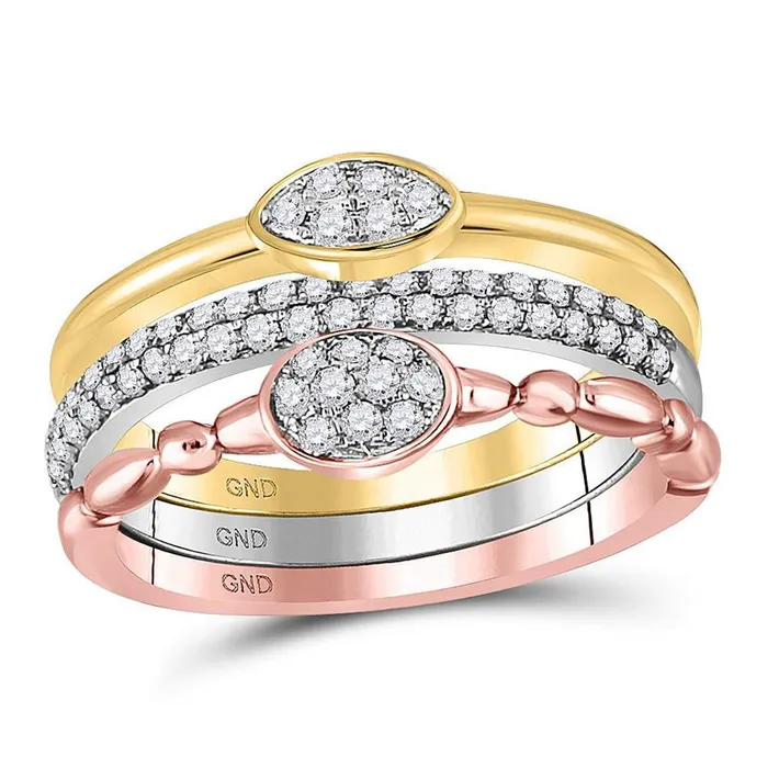 Rings gndatlanta 10kt TriTone Gold Round Diamond 3Piece Stackable Band Ring Set 12 Cttw Rings gndatlanta 10kt TriTone Gold Round Diamond 3Piece Stackable Band Ring Set 12 Cttw