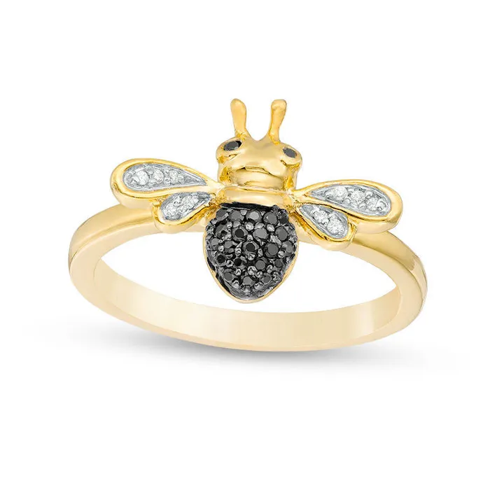 Rings Goldia 010 CT TW Enhanced Black and White Natural Diamond Bumble Bee Ring in Sterling Silver and Solid 14K Gold Plate Rings Goldia 010 CT TW Enhanced Black and White Natural Diamond Bumble Bee Ring in Sterling Silver and Solid 14K Gold Plate