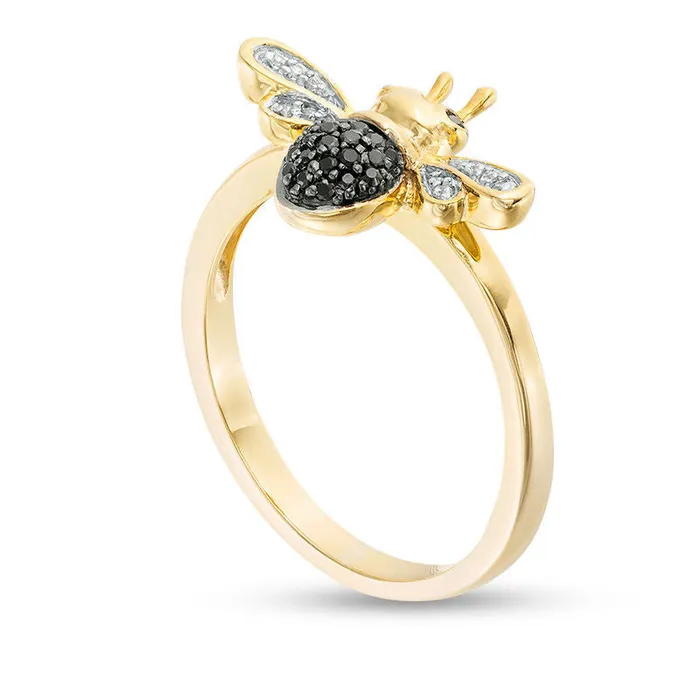Rings Goldia 010 CT TW Enhanced Black and White Natural Diamond Bumble Bee Ring in Sterling Silver and Solid 14K Gold Plate Rings Goldia 010 CT TW Enhanced Black and White Natural Diamond Bumble Bee Ring in Sterling Silver and Solid 14K Gold Plate