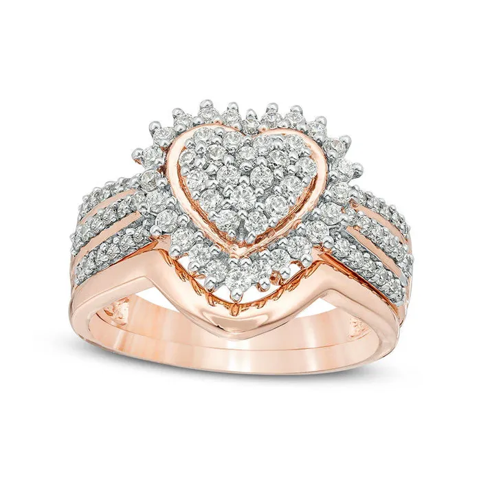 Rings Goldia 063 CT TW Composite Natural Diamond Sunburst Heart Frame MultiRow Bridal Engagement Ring Set in Sterling Silver with Solid 14K Rose Gold Plate Rings Goldia 063 CT TW Composite Natural Diamond Sunburst Heart Frame MultiRow Bridal Engagement Ring Set in Sterling Silver with Solid 14K Rose Gold Plate
