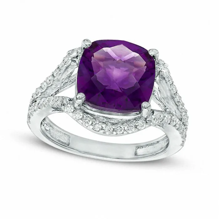 Rings Goldia 100mm CushionCut Amethyst and 050 CT TW Natural Diamond Contoured Split Shank Ring in Solid 10K White Gold Rings Goldia 100mm CushionCut Amethyst and 050 CT TW Natural Diamond Contoured Split Shank Ring in Solid 10K White Gold