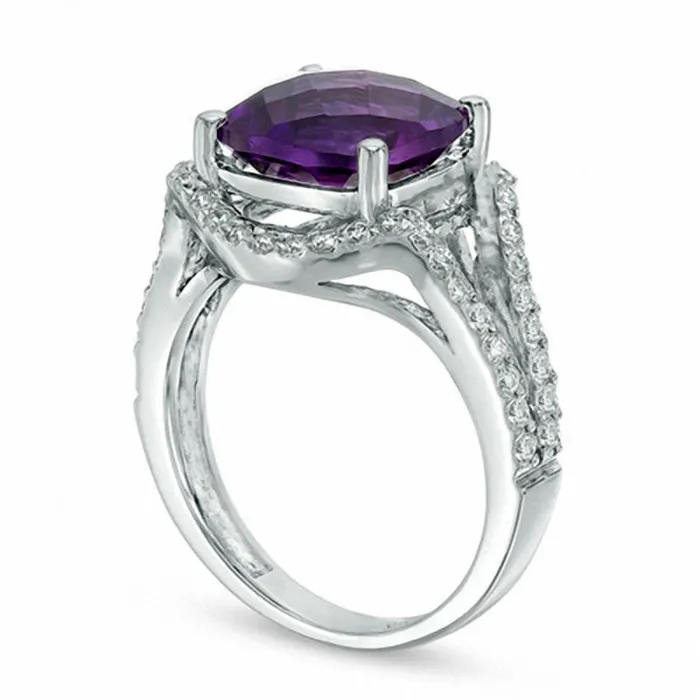 Rings Goldia 100mm CushionCut Amethyst and 050 CT TW Natural Diamond Contoured Split Shank Ring in Solid 10K White Gold Rings Goldia 100mm CushionCut Amethyst and 050 CT TW Natural Diamond Contoured Split Shank Ring in Solid 10K White Gold