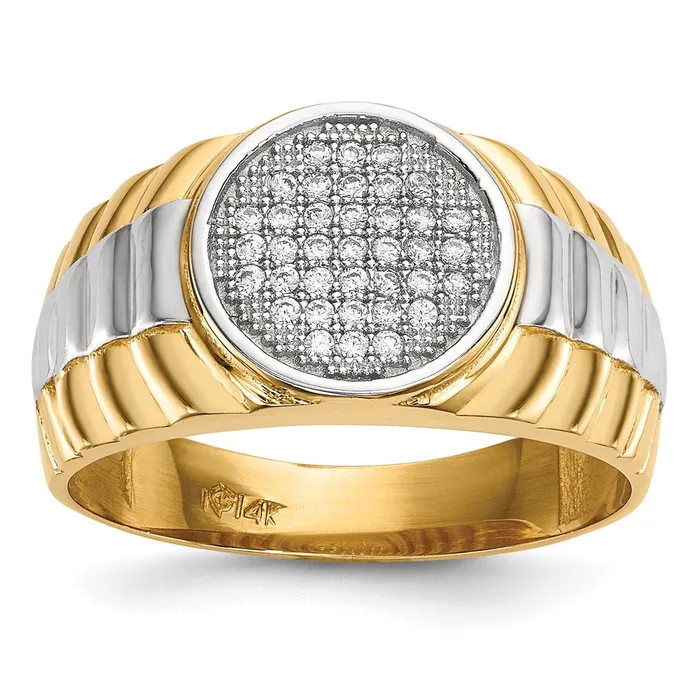 Rings Goldia 14K Yellow Gold w Rhodium Mens Micro Pav CZ Round Ring