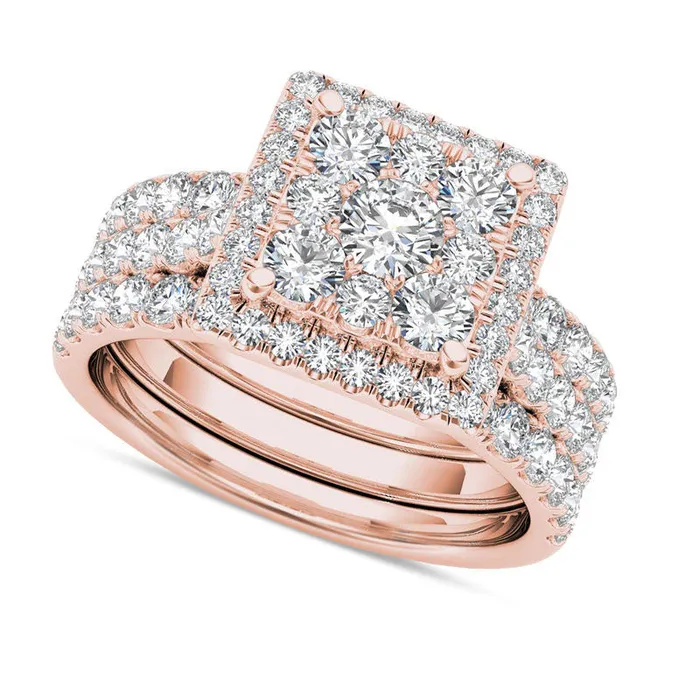 Rings Goldia 20 CT TW Composite Natural Diamond Square Frame Three Piece Bridal Engagement Ring Set in Solid 14K Rose Gold Rings Goldia 20 CT TW Composite Natural Diamond Square Frame Three Piece Bridal Engagement Ring Set in Solid 14K Rose Gold