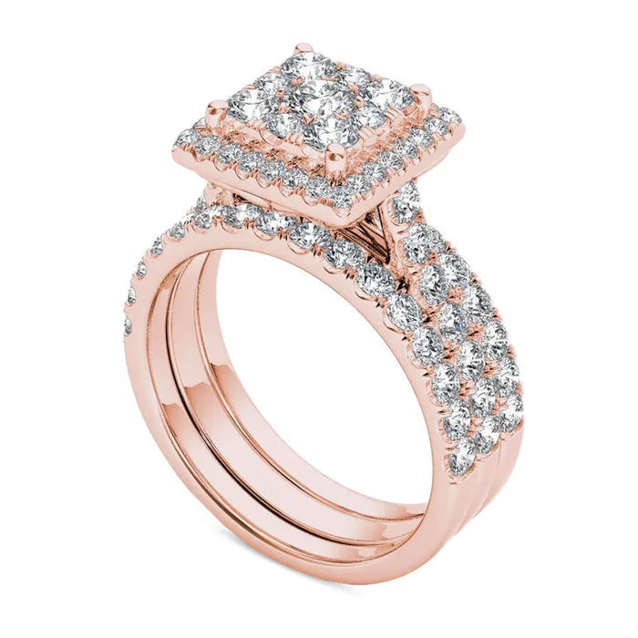 Rings Goldia 20 CT TW Composite Natural Diamond Square Frame Three Piece Bridal Engagement Ring Set in Solid 14K Rose Gold Rings Goldia 20 CT TW Composite Natural Diamond Square Frame Three Piece Bridal Engagement Ring Set in Solid 14K Rose Gold