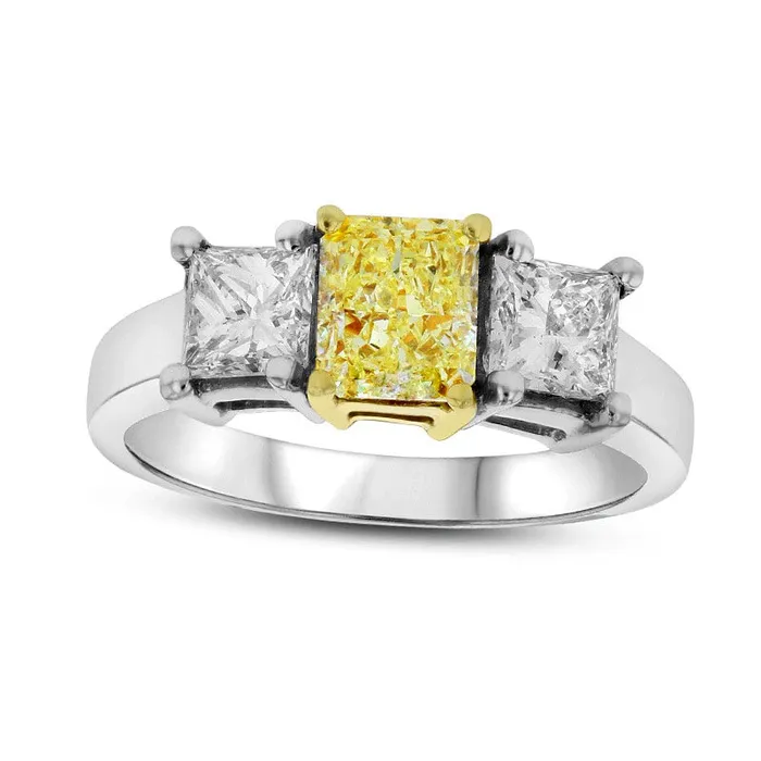 Rings Goldia 20 CT TW Fancy Yellow and White RadiantCut Natural Diamond Three Stone Ring in Solid 18K TwoTone Gold SI1 Rings Goldia 20 CT TW Fancy Yellow and White RadiantCut Natural Diamond Three Stone Ring in Solid 18K TwoTone Gold SI1