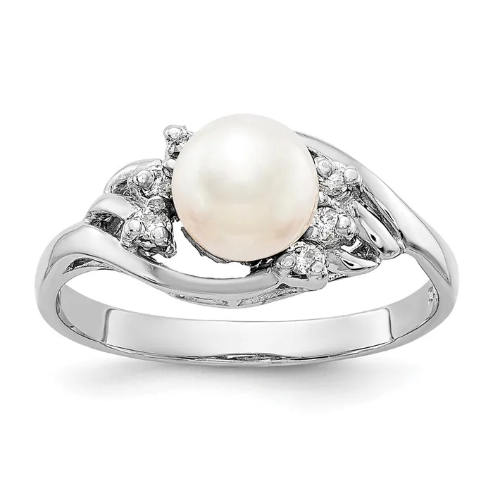 Rings Goldiacom 14k White Gold 6mm FW Cultured Pearl A Real Diamond ring Rings Goldiacom 14k White Gold 6mm FW Cultured Pearl A Real Diamond ring