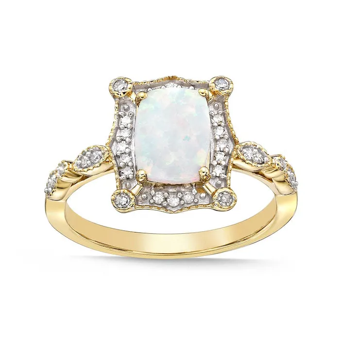 Rings Goldia CushionCut LabCreated Opal and 013 CT TW Diamond Ornate Frame Antique VintageStyle Ring in Solid 10K Yellow Gold Rings Goldia CushionCut LabCreated Opal and 013 CT TW Diamond Ornate Frame Antique VintageStyle Ring in Solid 10K Yellow Gold