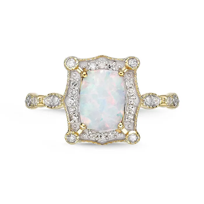 Rings Goldia CushionCut LabCreated Opal and 013 CT TW Diamond Ornate Frame Antique VintageStyle Ring in Solid 10K Yellow Gold Rings Goldia CushionCut LabCreated Opal and 013 CT TW Diamond Ornate Frame Antique VintageStyle Ring in Solid 10K Yellow Gold