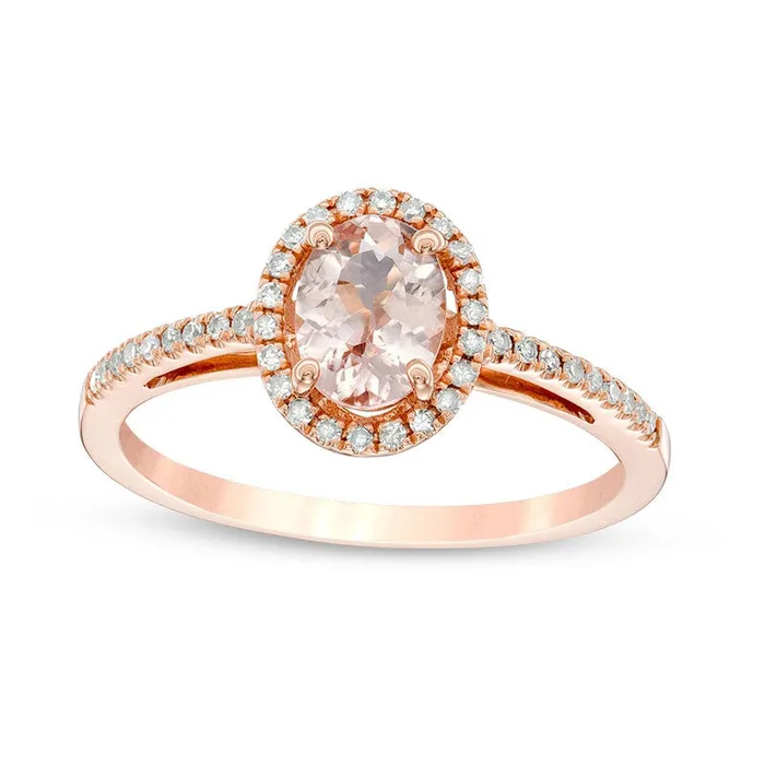 Rings Goldia Previously Owned Oval Morganite and 017 CT TW Natural Diamond Frame Ring in Solid 14K Rose Gold Rings Goldia Previously Owned Oval Morganite and 017 CT TW Natural Diamond Frame Ring in Solid 14K Rose Gold