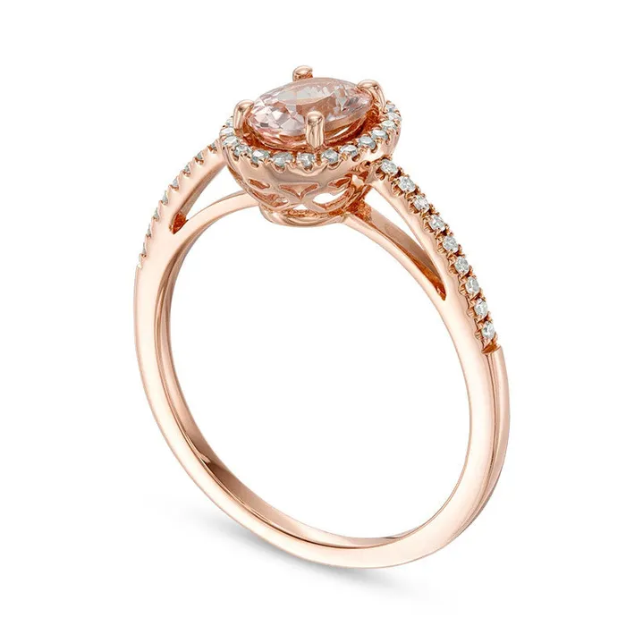 Rings Goldia Previously Owned Oval Morganite and 017 CT TW Natural Diamond Frame Ring in Solid 14K Rose Gold Rings Goldia Previously Owned Oval Morganite and 017 CT TW Natural Diamond Frame Ring in Solid 14K Rose Gold
