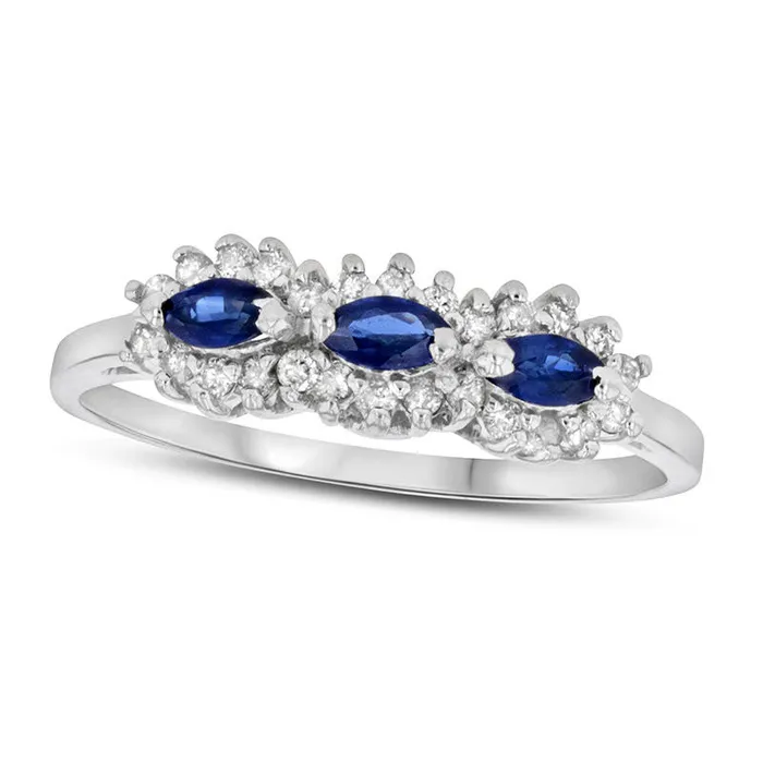 Sideways Marquise Blue Sapphire and 020 CT TW Natural Diamond Frame Three Stone Ring in Solid 14K White Gold Goldia Rings Sideways Marquise Blue Sapphire and 020 CT TW Natural Diamond Frame Three Stone Ring in Solid 14K White Gold Goldia Rings