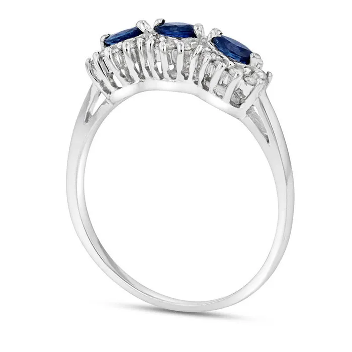 Sideways Marquise Blue Sapphire and 020 CT TW Natural Diamond Frame Three Stone Ring in Solid 14K White Gold Goldia Rings Sideways Marquise Blue Sapphire and 020 CT TW Natural Diamond Frame Three Stone Ring in Solid 14K White Gold Goldia Rings