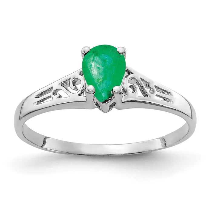 Solid 14k White Gold 6x4mm Pear Simulated Emerald Ring Goldia Rings