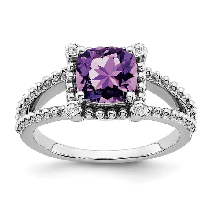 Solid 14k White Gold Cushion Simulated Amethyst and CZ Ring Goldia Rings