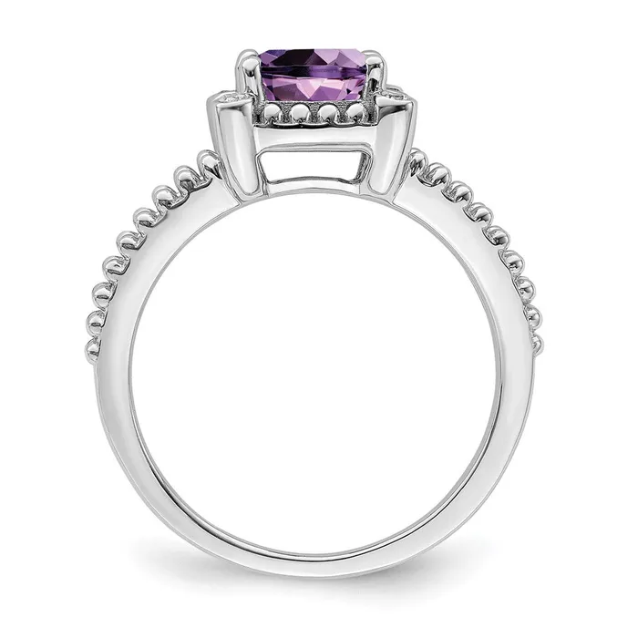 Solid 14k White Gold Cushion Simulated Amethyst and CZ Ring Goldia Rings