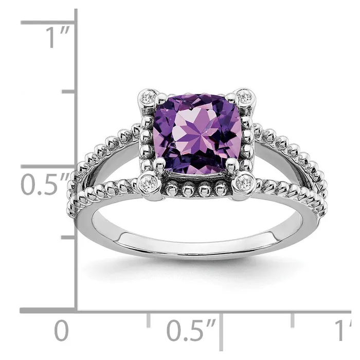 Solid 14k White Gold Cushion Simulated Amethyst and CZ Ring Goldia Rings