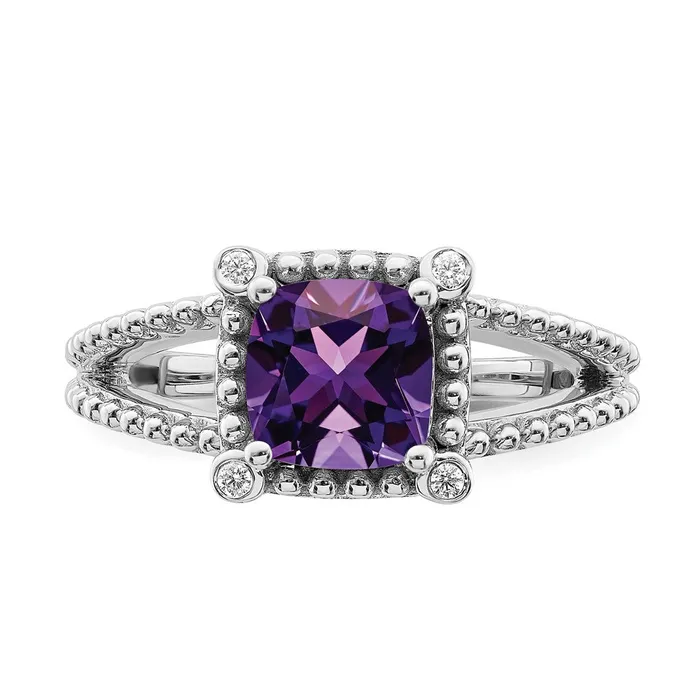 Solid 14k White Gold Cushion Simulated Amethyst and CZ Ring Goldia Rings