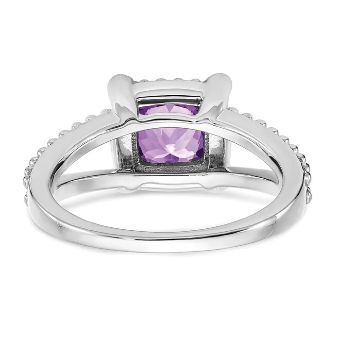 Solid 14k White Gold Cushion Simulated Amethyst and CZ Ring Goldia Rings