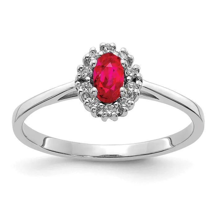 Solid 14k White Gold Simulated CZ and Oval Ruby Halo Ring Goldia Rings
