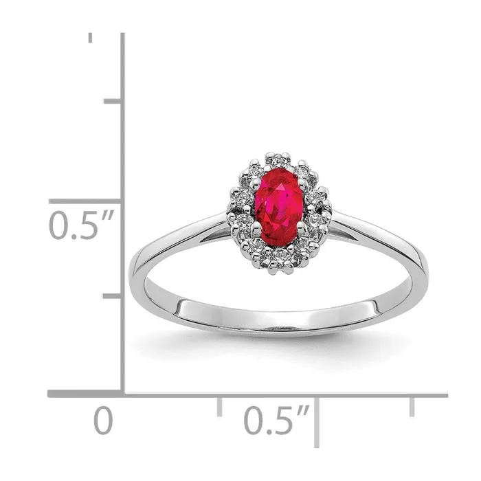 Solid 14k White Gold Simulated CZ and Oval Ruby Halo Ring Goldia Rings