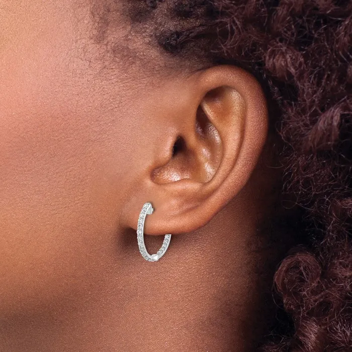 Solid 14k White Gold Simulated CZ InOut Hinged Hoop Earrings Goldia Earrings