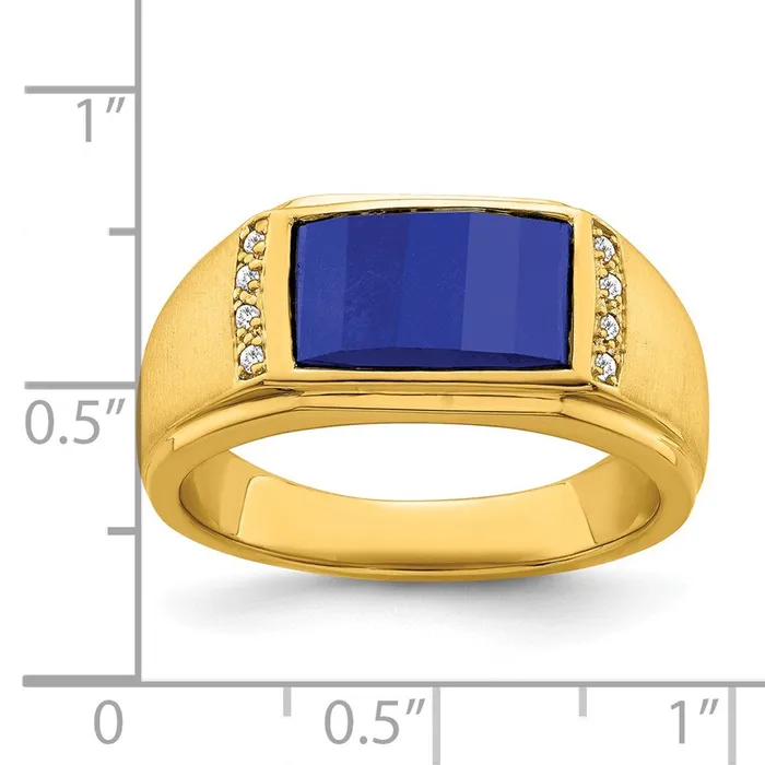 Solid 14k Yellow Gold Created Simulated Sapphire and CZ Mens Ring Goldia Rings