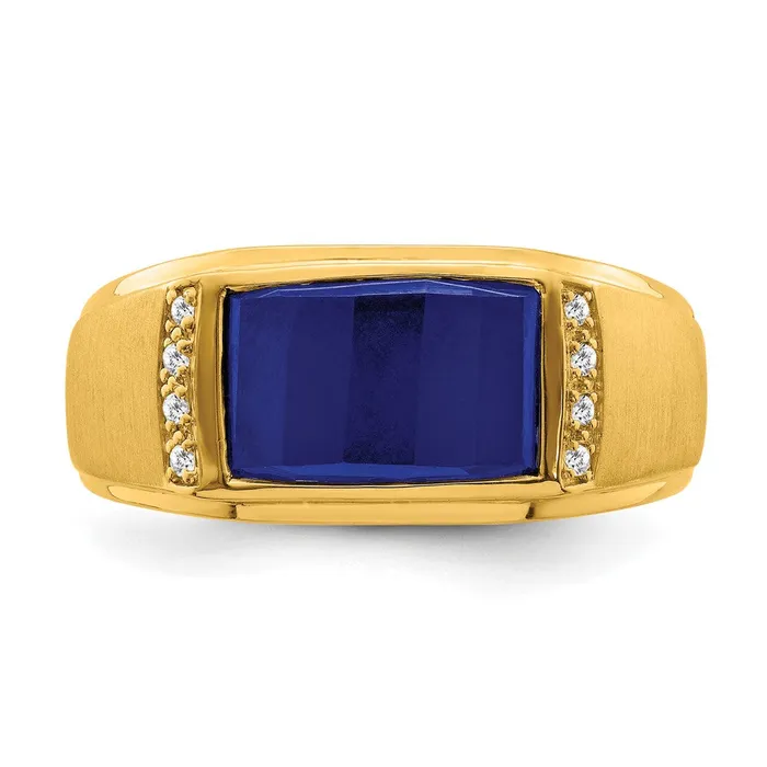 Solid 14k Yellow Gold Created Simulated Sapphire and CZ Mens Ring Goldia Rings