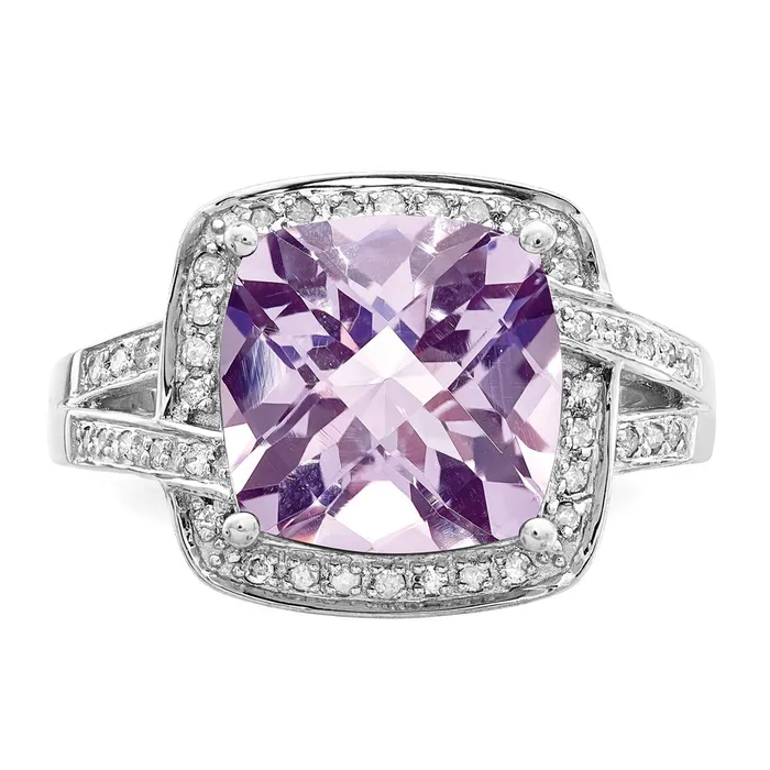 Sterling Silver Rhodium CheckerCut Pink Quartz u0026 Diamond Ring Goldia Rings